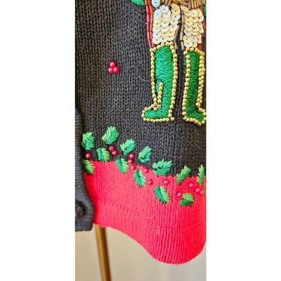 Vtg Christmas Cardigan Sweater Petite Small Victoria Jones Beaded 3D Nutcrackers - Picture 5 of 10